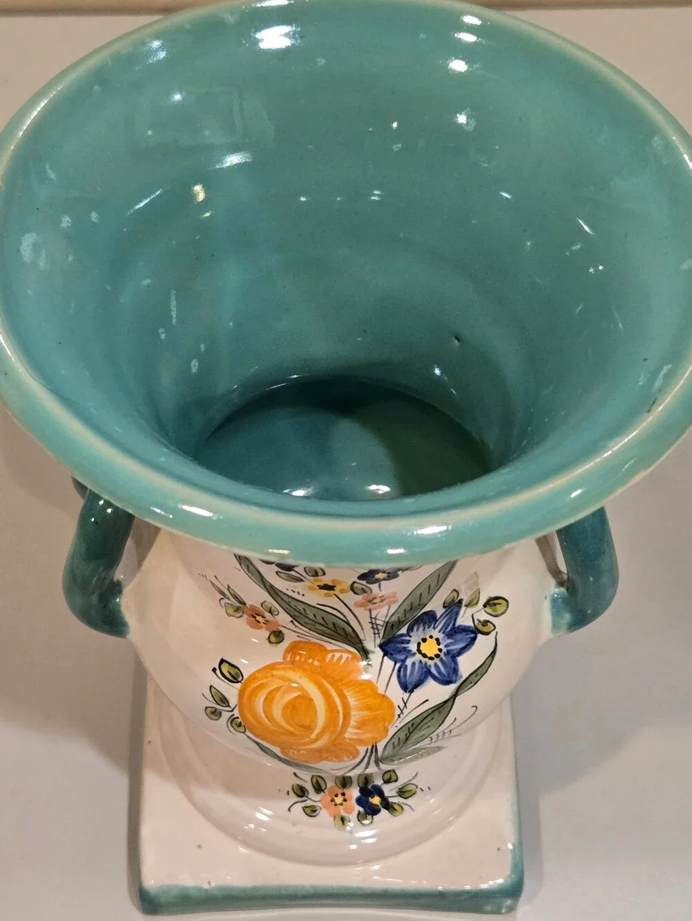 Vintage Italian Hand-Painted Floral Ceramic Urn Vase in Turquoise & White